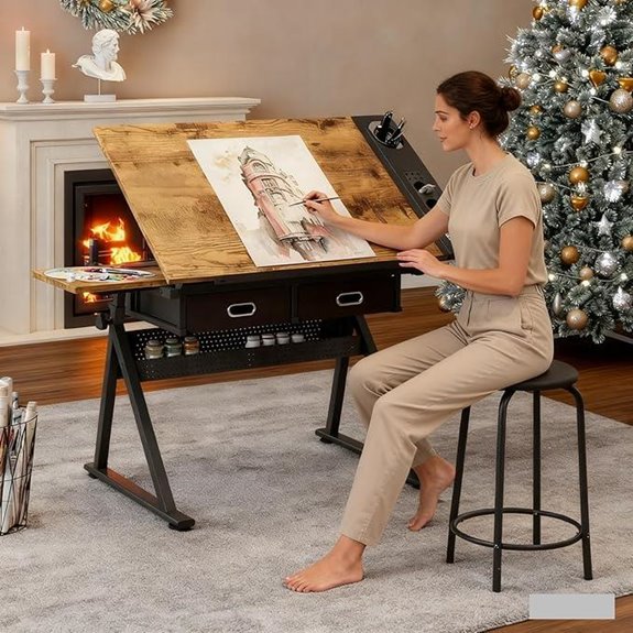Adjustable Art Drafting Table with Stool and Storage
