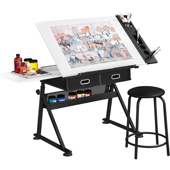 Yaheetech Adjustable Art Drafting Desk with Stools