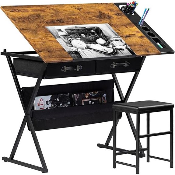 VECELO Adjustable Drafting Table with Storage and Stool