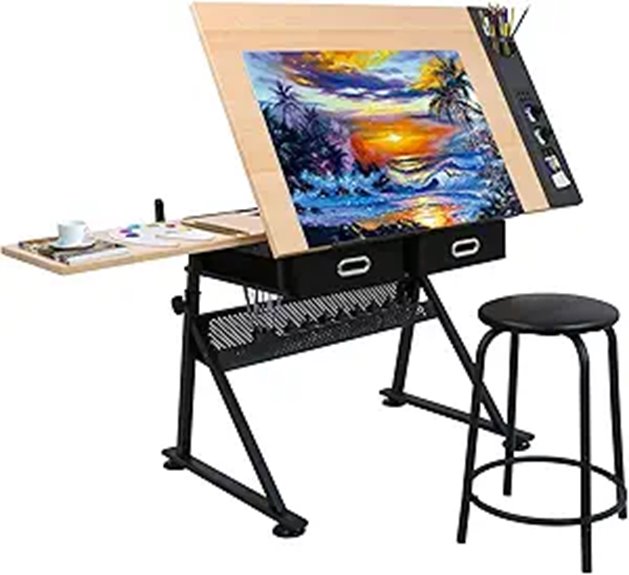 ZENY Adjustable Drafting Table with Stool and Storage
