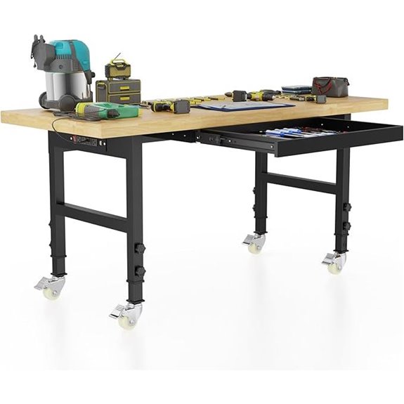 60 Adjustable Wooden Workbench with Wheels and Drawers