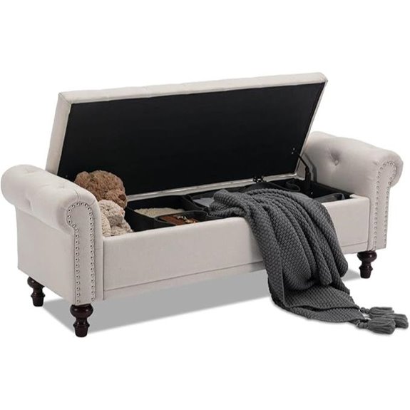 Beige Upholstered Storage Bench with Tufted Cushions
