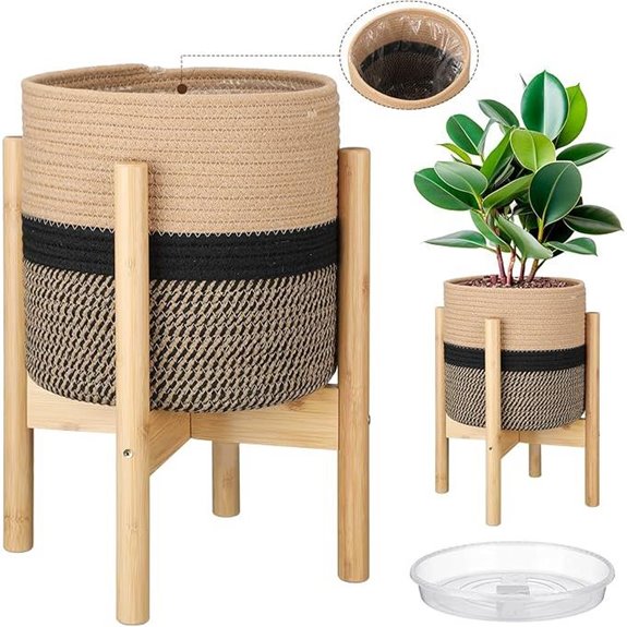 Modern Woven Plant Basket with Bamboo Stand