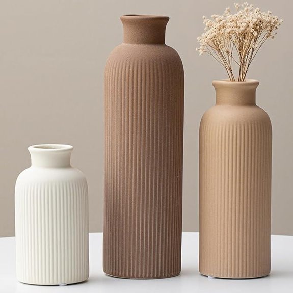 Modern Ceramic Vase Set Earth Tone Ribbed Design