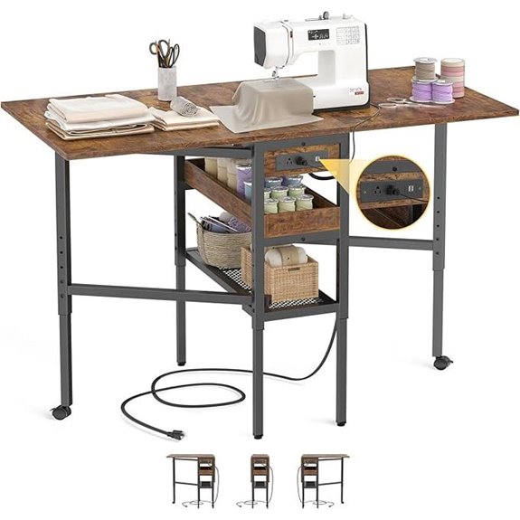 Folding Sewing Table with Charging Station and Storage
