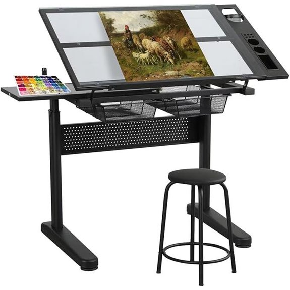 Glass Drafting Table with Drawers and Chair