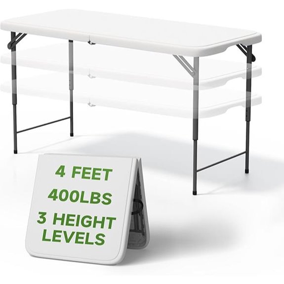 Folding 4-Foot Table with Adjustable Height and Heavy Duty