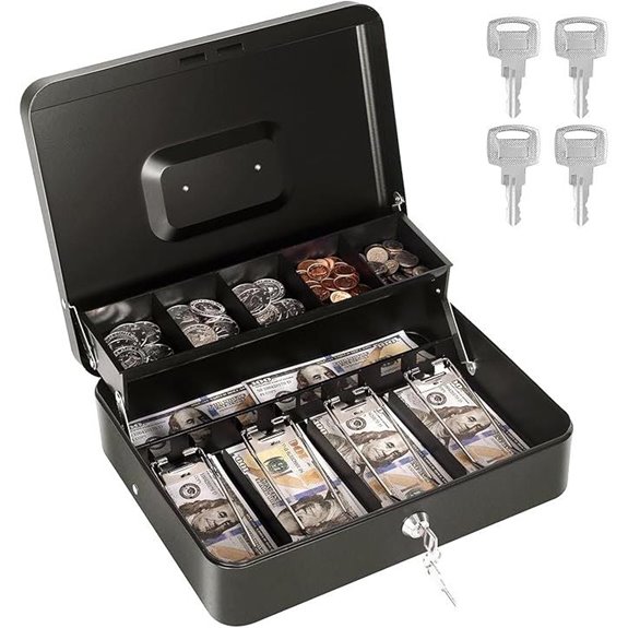 Metal Cash Box with Lock and Coin Tray