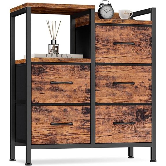 Furnulem 5-Drawer Rustic Bedroom Dresser with Shelf