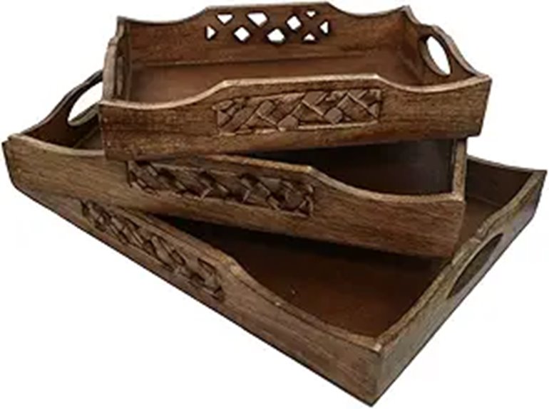 Rustic Wooden Serving Tray Set of 3 with Handles