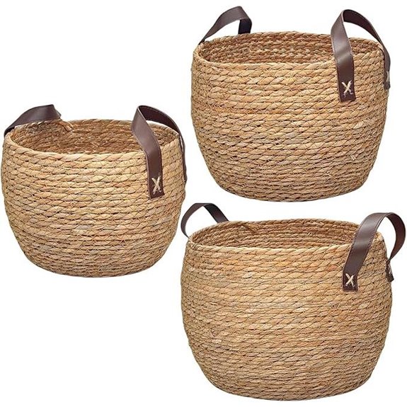 GIB Wicker Storage Baskets with Leather Handles (Set of 3)