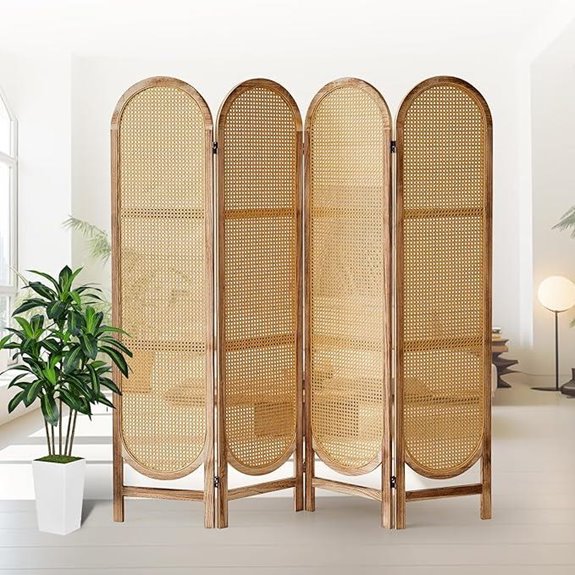 Foldable Wooden Room Divider with Rattan Panels