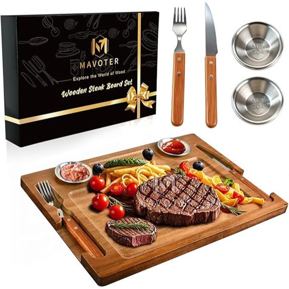 Acacia Wooden Steak Board with Cutlery Set