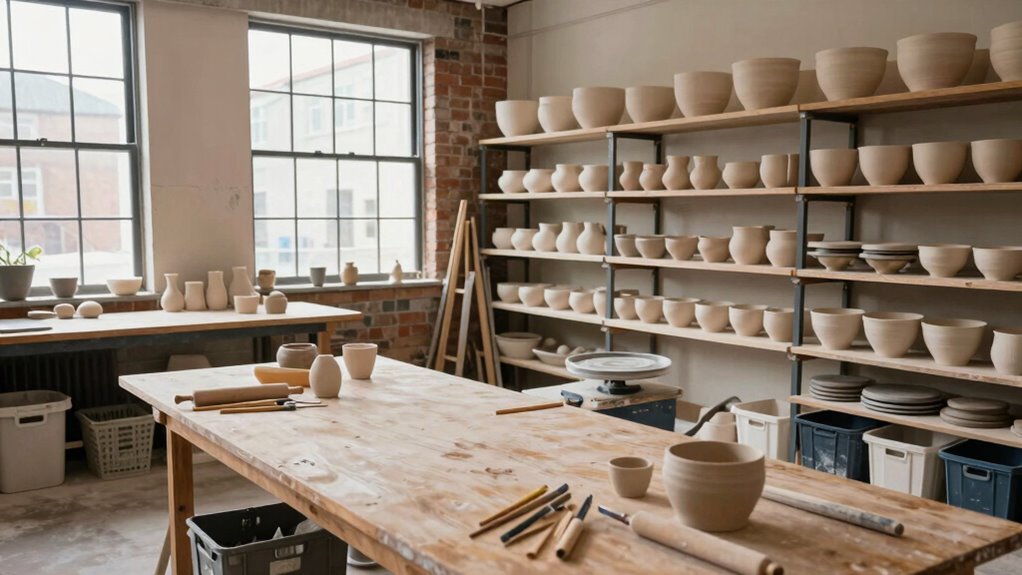 organized pottery studio setup