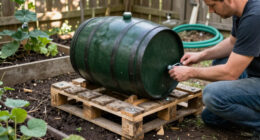Man Uses Old Wood Pallets To Build A Backyard Rain Barrel Stand With An Impressive DIY