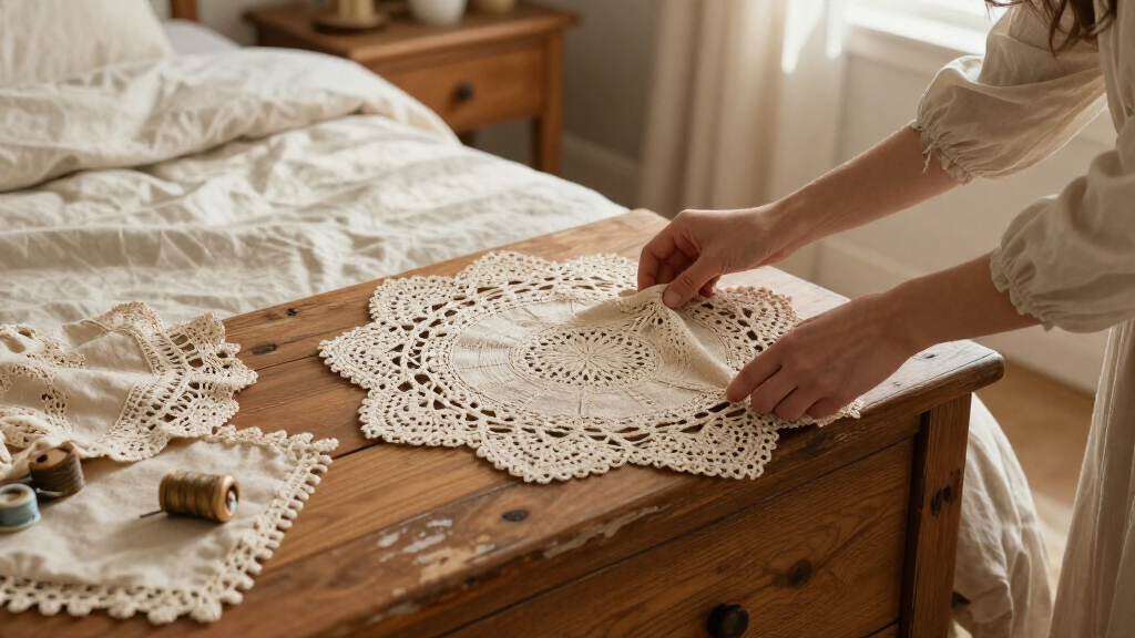 She Uses Doilies To Decorate A Headboard With Vintage Charm